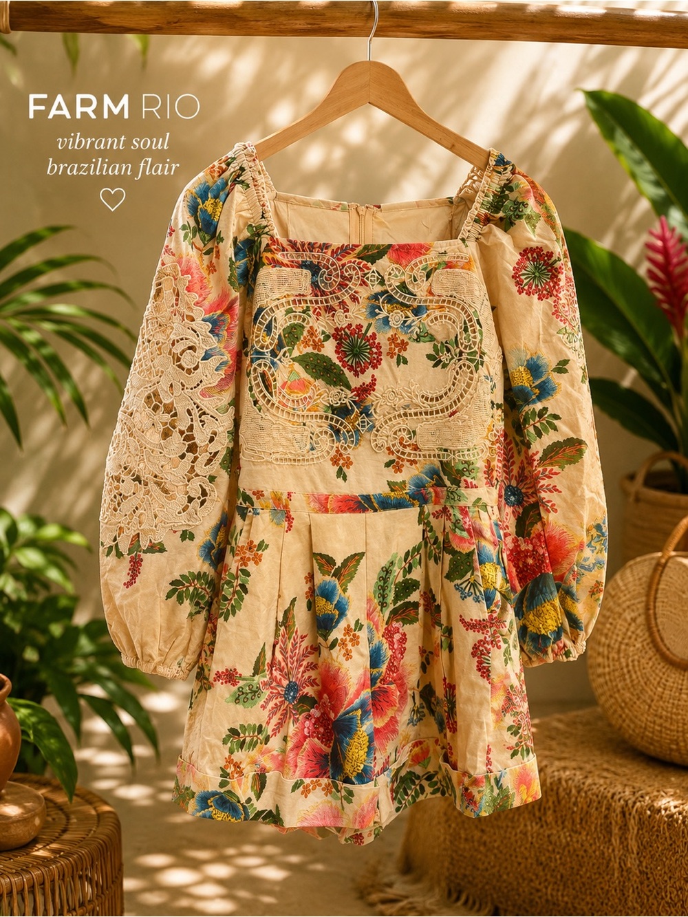 FARM Rio Cream Floral Puff-Sleeve Romper with Lace